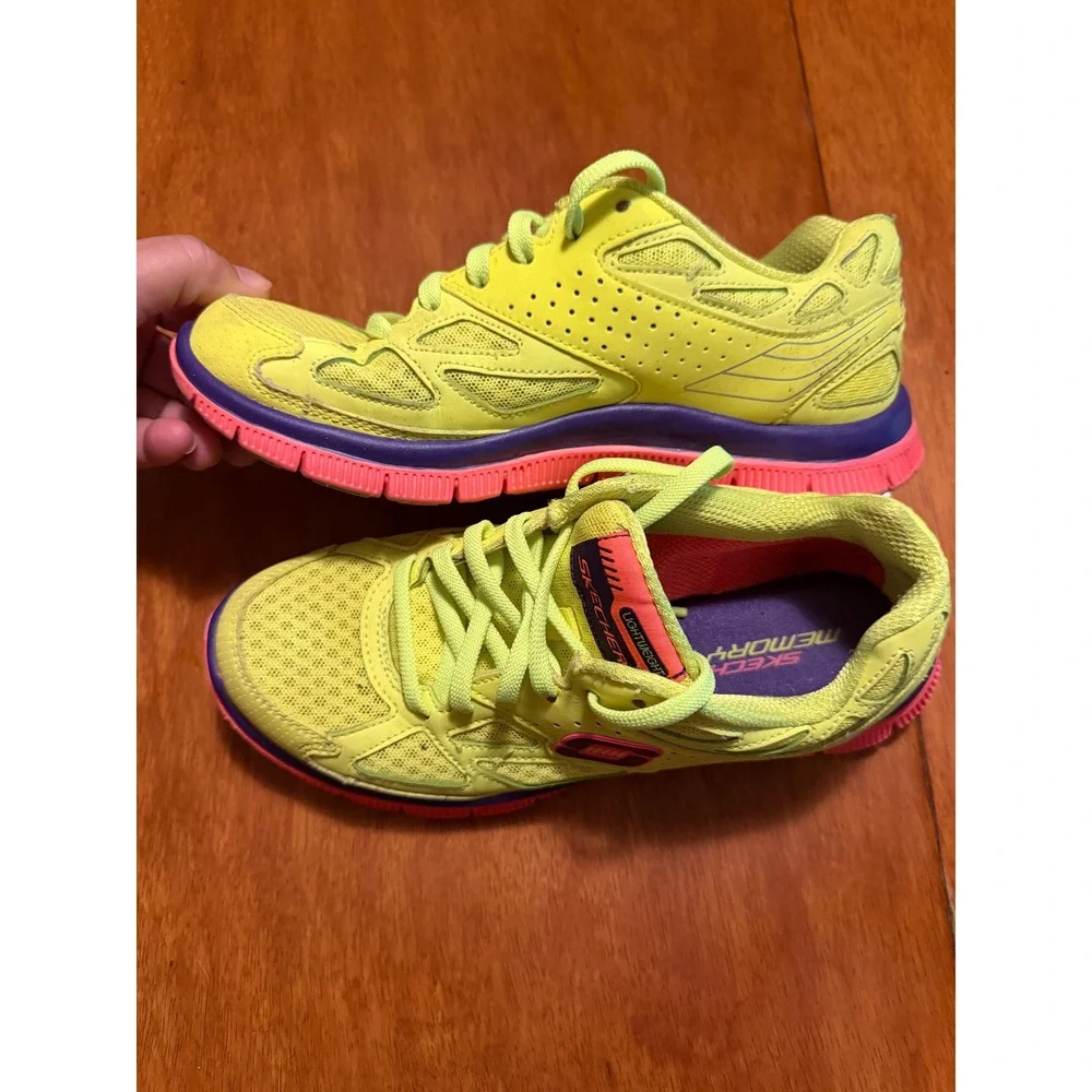 Skechers Flex Sole Memory Foam Neon Yellow Purple Pink Sneakers 11726 Women 6.5